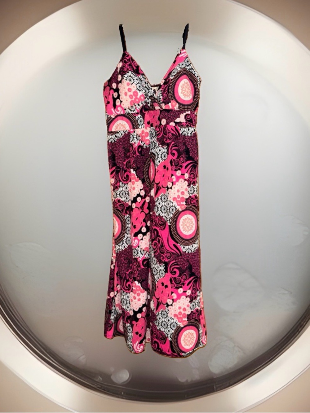 Allison Brittney Pink&Black Print Spaghetti-St Knit Maxi Dress w/Support-2X-EC